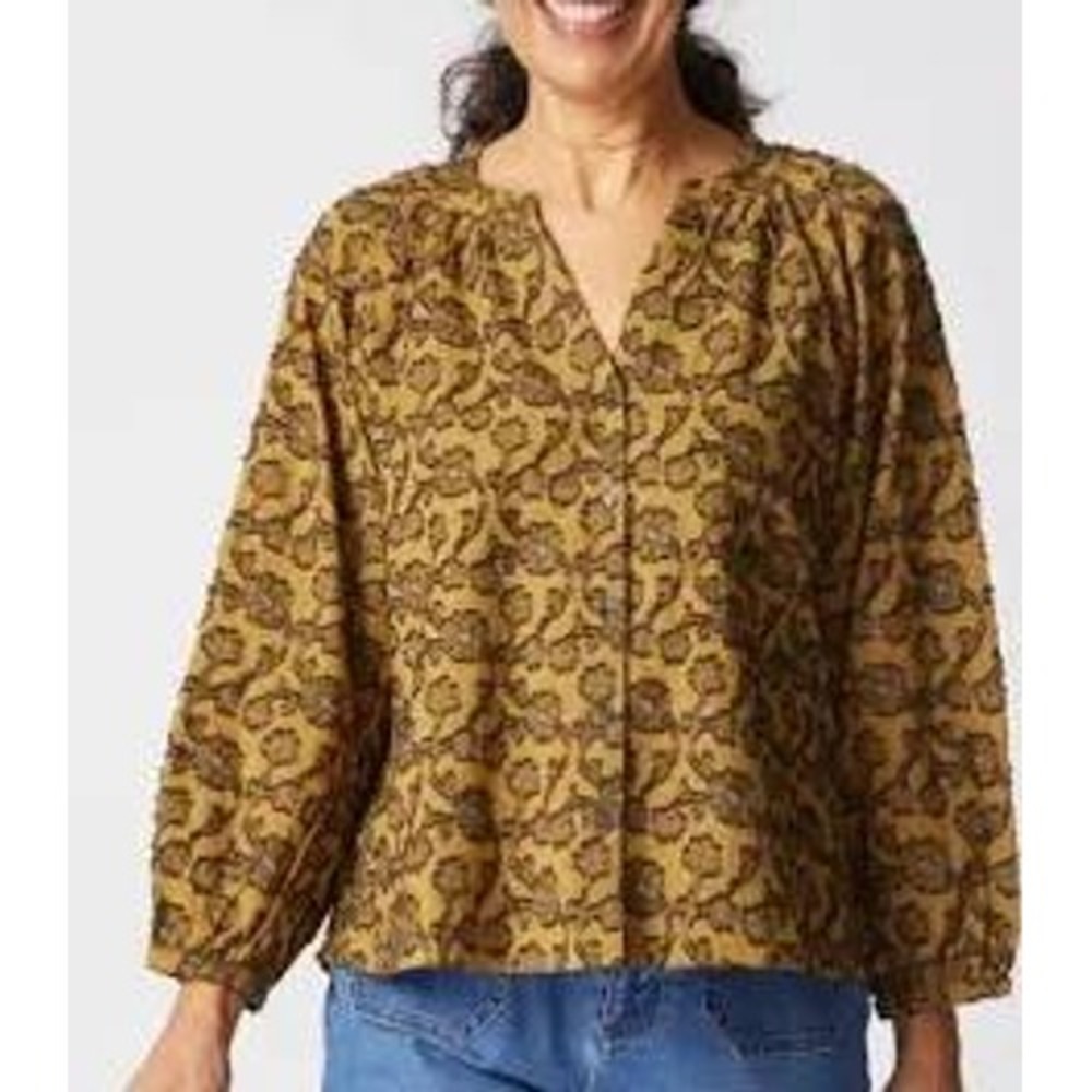 Habitat Women's L Floral Whimsigoth Blouse Mustard Yellow Cotton Top Romantic